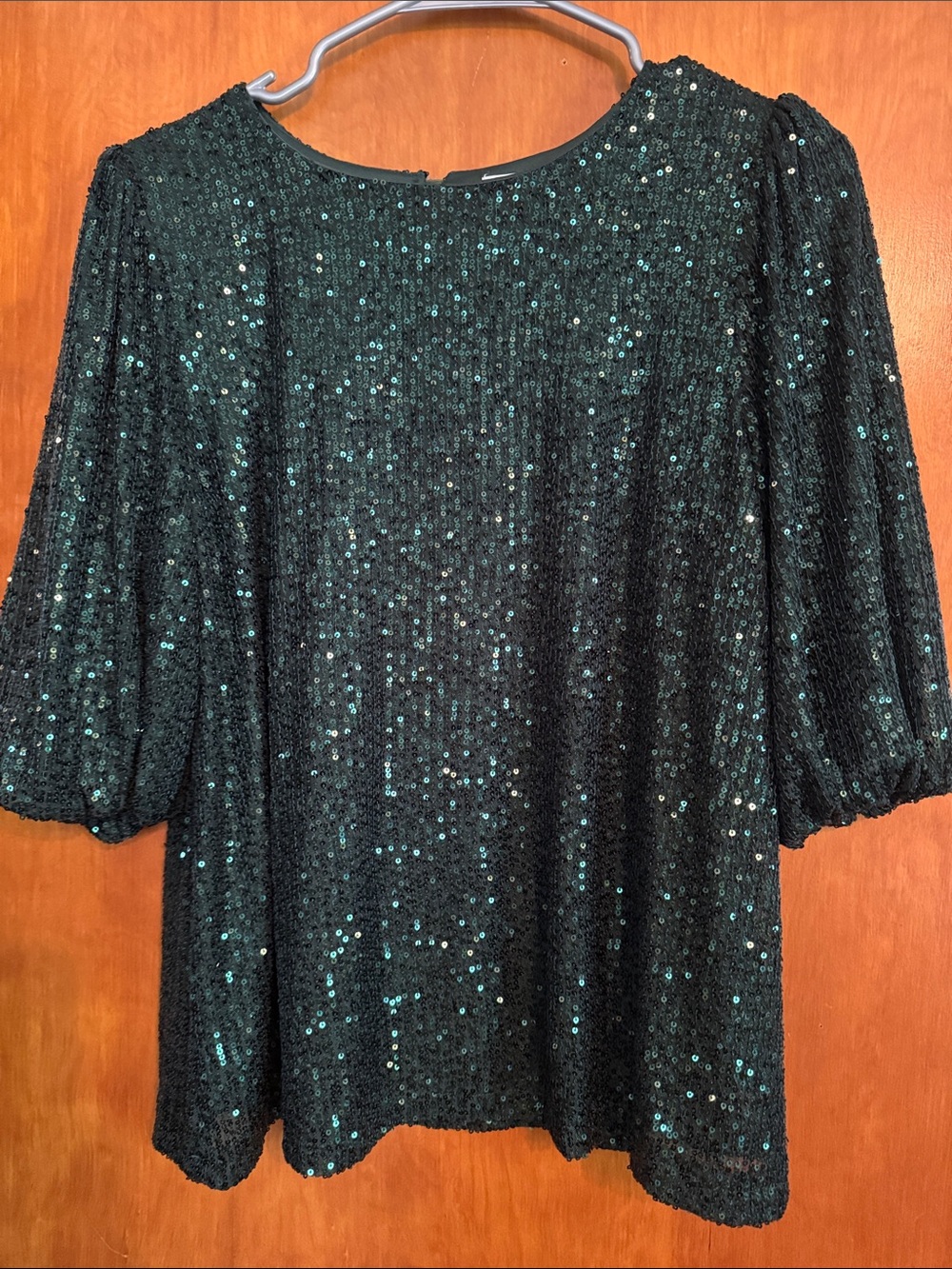 EUC Shop the Mont Women's Dark Green Sequin Puff-Sleeve Blouse